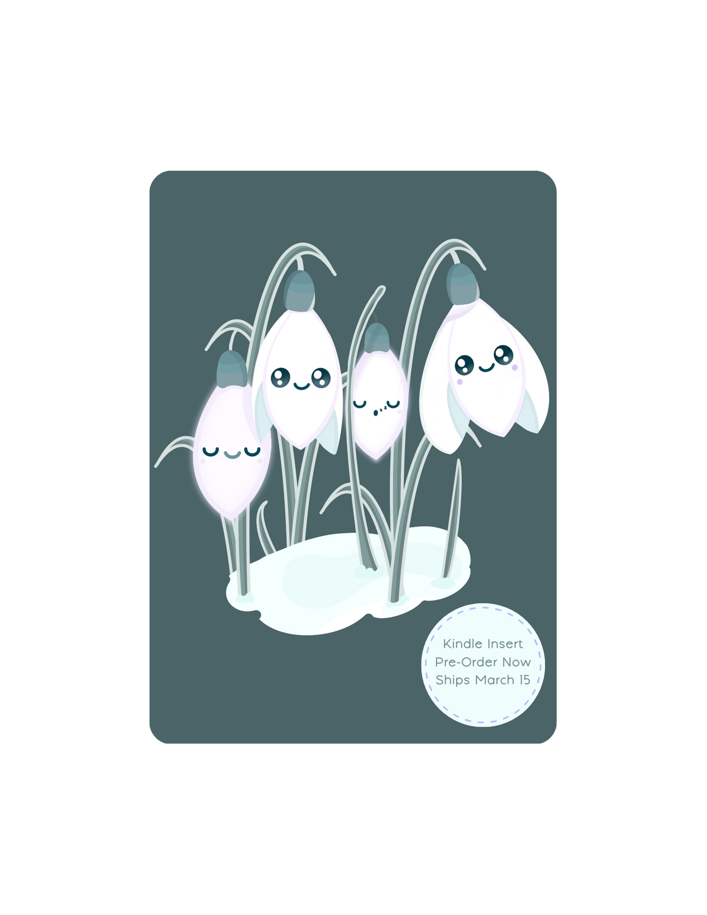 Kawaii Sleepy Snowdrop Kindle Paperwhite Insert in 'Winter's Edge' Teal. Featuring kawaii snowdrop flowers in the snow illustrated by Ateu Studio