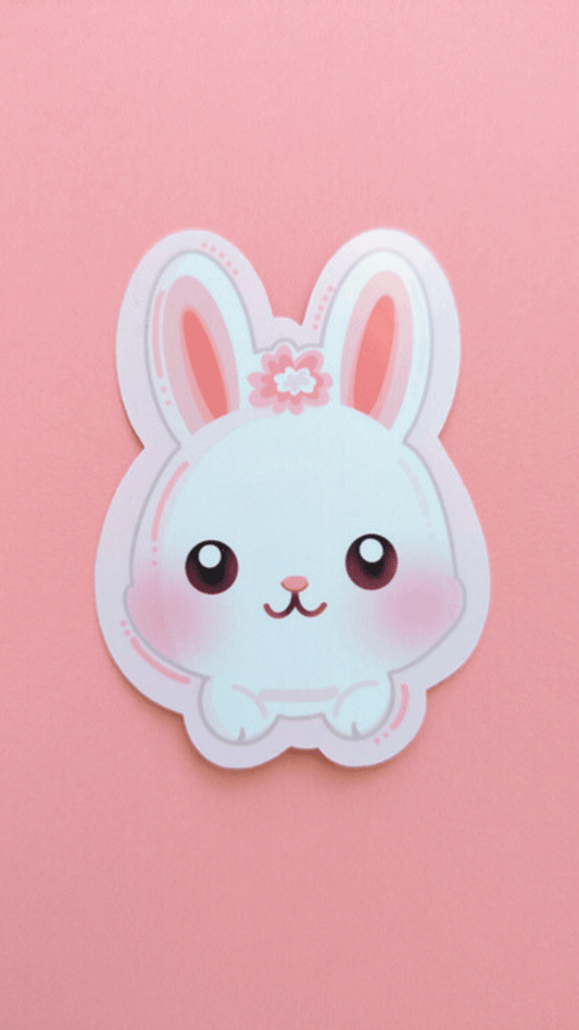 A straight-on, high-resolution view of the Marshmallow Blush Bunny pink sticker by Ateu Studio. This flat-lay product shot showcases the vibrant pink base, snowball white character offset, and clean kawaii 'cutie mark' details, emphasizing the intentional color-obsessed design.