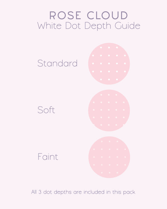 A 'Rose Cloud' white dot depth graphic guide showing three circular dot patterns labeled standard, soft, and faint, with a note at the bottom stating all three digital dot grid paper depths are included in this pack by Ateu Studio.