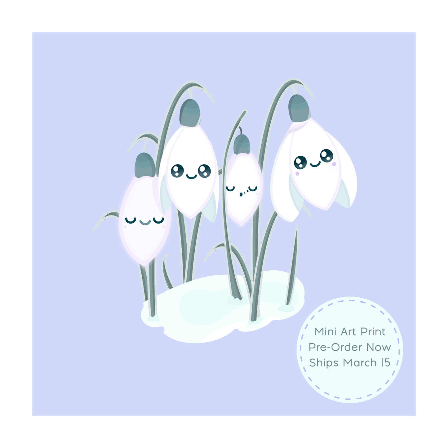 Sleepy Snowdrop mini art print in Dawn soft lavender blue featuring kawaii snowdrop flowers illustrated by Ateu Studio