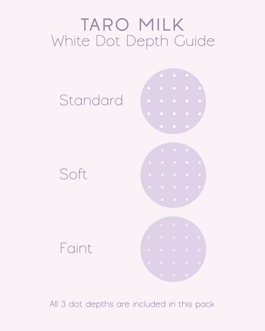 A product information graphic titled 'TARO MILK White Dot Depth Guide' on a pale pink background, showing three circular dot depth examples labeled Standard, Soft, and Faint. It also states 'All 3 dot depths are included in this pack'.