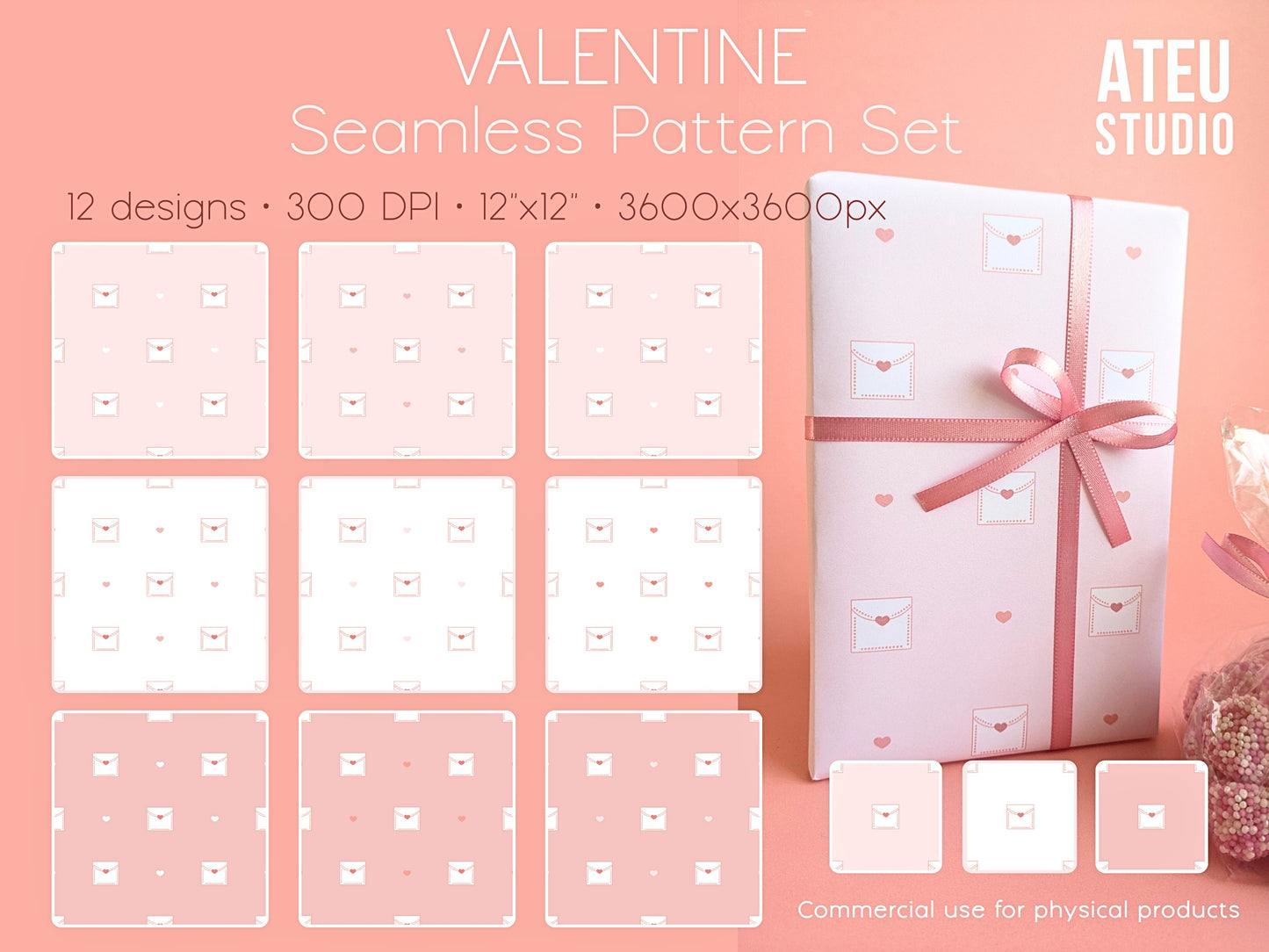 Valentine Seamless Pattern Set – Cute Kawaii Envelope Design for Wrapping & Stationery