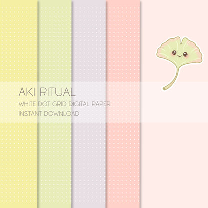 Four vertical strips of Aki Ritual soft yellow, green, lilac-taro and blush digital paper with a white dot grid overlay and to the right the kawaii ginkgo leaf digital sticker character 'Aki'. There is arranged text in the mid left side of the image, on a semi transparent wide band stating 'Aki Ritual, White dot grid, instant download'.  