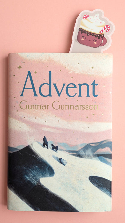 Kawaii peppermint hot chocolate bookmark with soft pink pastel border whipped cream and candy cane — Peppermint Dream holiday design, shown within a book, Advent by Gunnar Gunnarsson, 