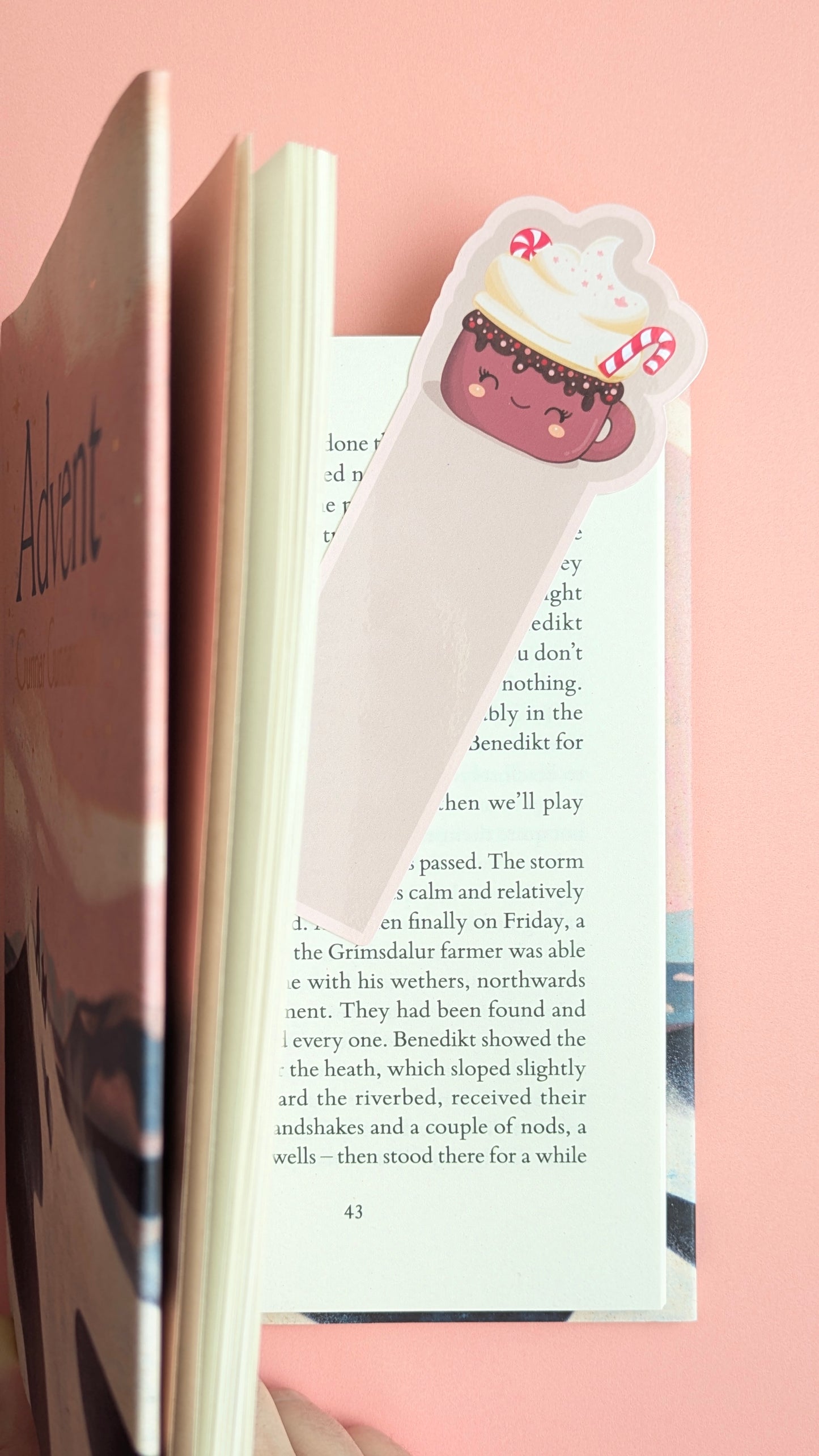 Kawaii peppermint hot chocolate bookmark with soft pink pastel border, whipped cream and candy cane — Peppermint Dream holiday design.