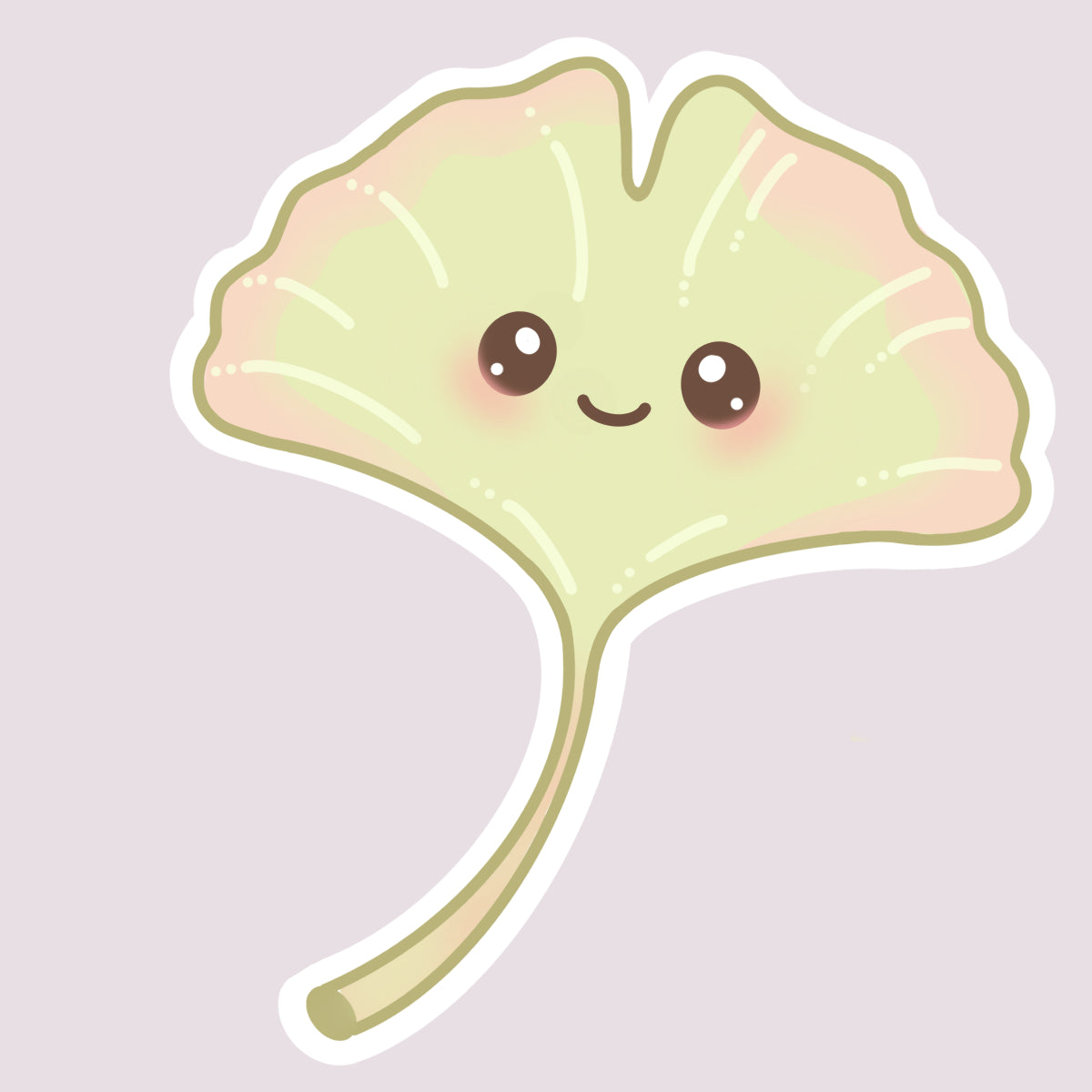 Aki 'Icho Blush' ginkgo leaf kawaii character sticker with a white offset die-cut outline, displayed on a soft grey Sakura Nezu blank digital paper background