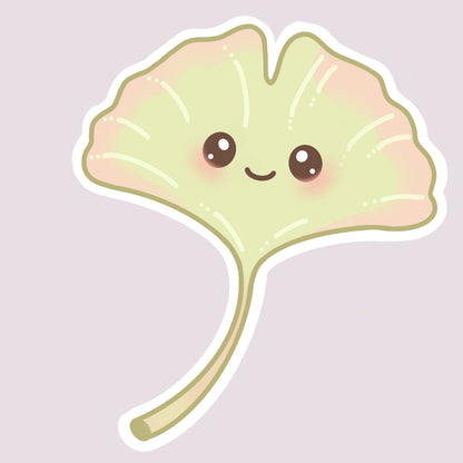 Aki 'Icho Blush' ginkgo leaf kawaii character sticker with a white offset die-cut outline, displayed on a soft grey Sakura Nezu blank digital paper background