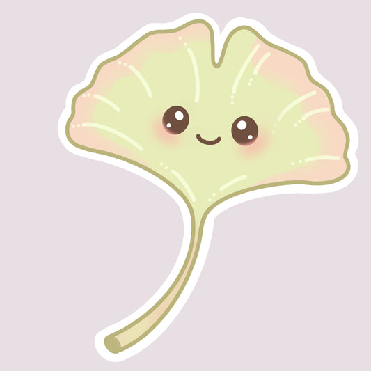 Aki 'Icho Blush' ginkgo leaf kawaii character sticker with a white offset die-cut outline, displayed on a soft grey Sakura Nezu blank digital paper background