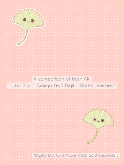 A comparison graphic showing two cute kawaii-style ginkgo leaf digital stickers called 'Aki'. One with a white border and one without, on a pale Icho blush colored digital dot grid background. The text reads 'A comparison of both Aki 'Icho Blush' Ginkgo Leaf Sticker finishes' and '*Digital Dot Grid Paper Pack Sold Separately'.