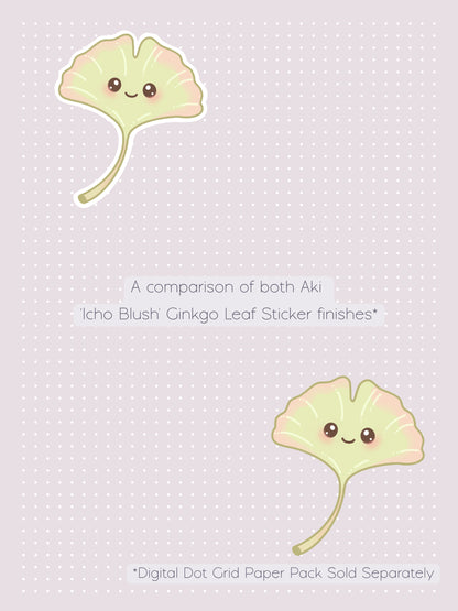 A comparison graphic showing two cute kawaii-style ginkgo leaf digital stickers called 'Aki'. One with a white border and one without, on a pale sakura nezu digital dot grid background. The text reads 'A comparison of both Aki Icho Blush Ginkgo Leaf Sticker finishes' and '*Digital Dot Grid Paper Pack Sold Separately'.