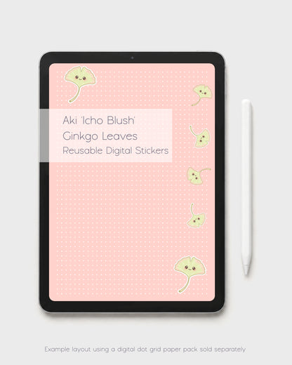 A tablet or Ipad mockup displaying a warm kawaii pink digital dot grid paper with several Aki 'Icho Blush' ginkgo leaf kawaii digital stickers in various sizes and angles and a title 'Akii 'Icho Blush' Ginkgo Leaves Reusable Digital Stickers,'. A white stylus is to the right, and small text at the bottom notes the digital grid paper pack is sold separately.