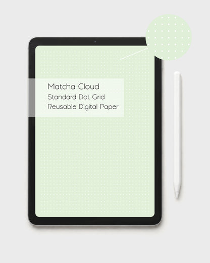 Ateu Studio tablet displaying a reusable kawaii pale green digital dot grid paper in a standard white dot style. A label reads 'Matcha Cloud Standard Dot Grid Reusable Digital Paper'. A circular zoom-in shows the standard dot color depth in detail. There's a white stylus pencil to the right on a light gray background