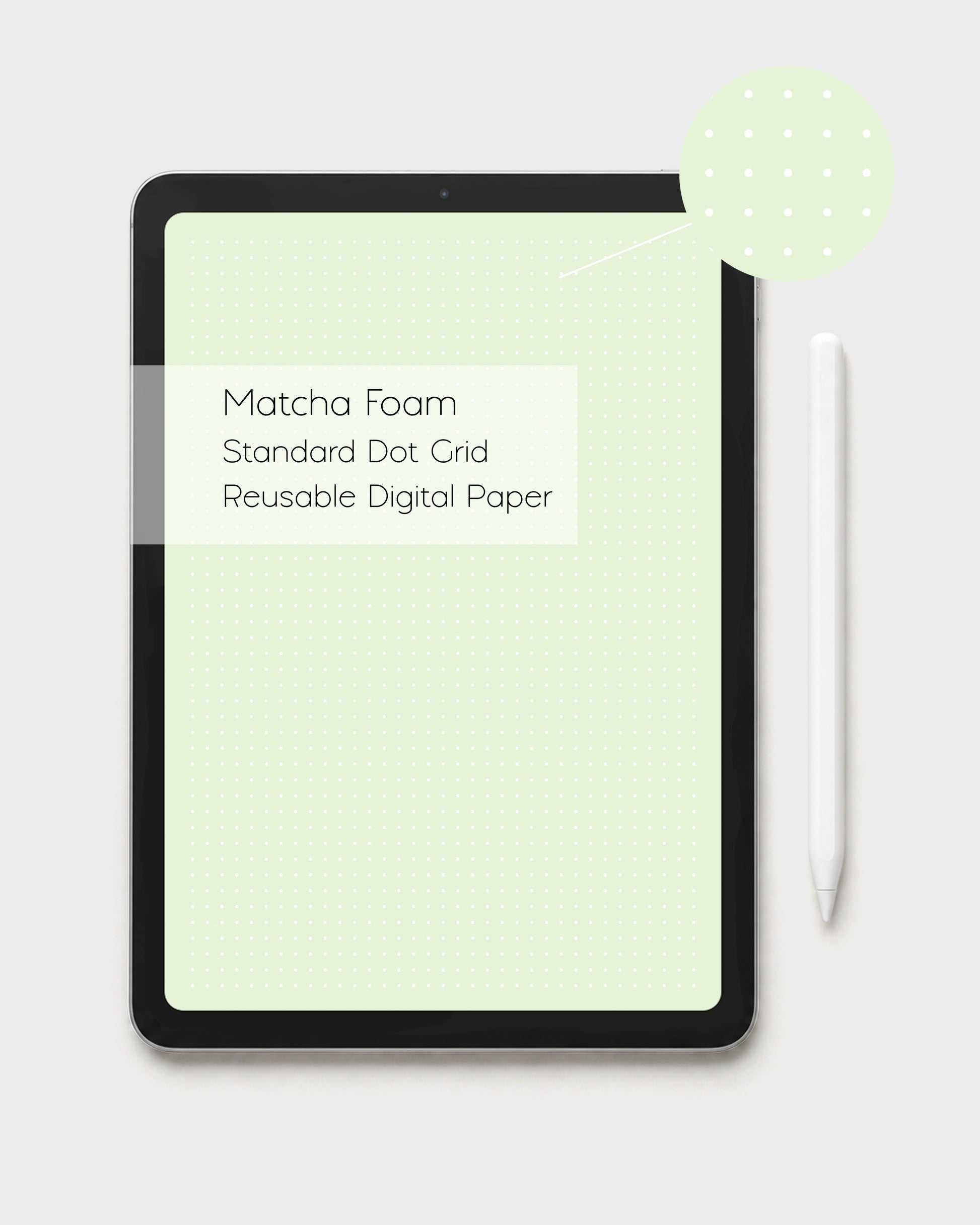 Ateu Studio iPad displaying a reusable kawaii pastel green digital dot grid paper in a standard white dot style. A label reads 'Matcha Foam Dot Grid Reusable Digital Paper'. A circular zoom in shows the standard dot color depth in detail. There's a white Apple pencil to the right on a light gray background.