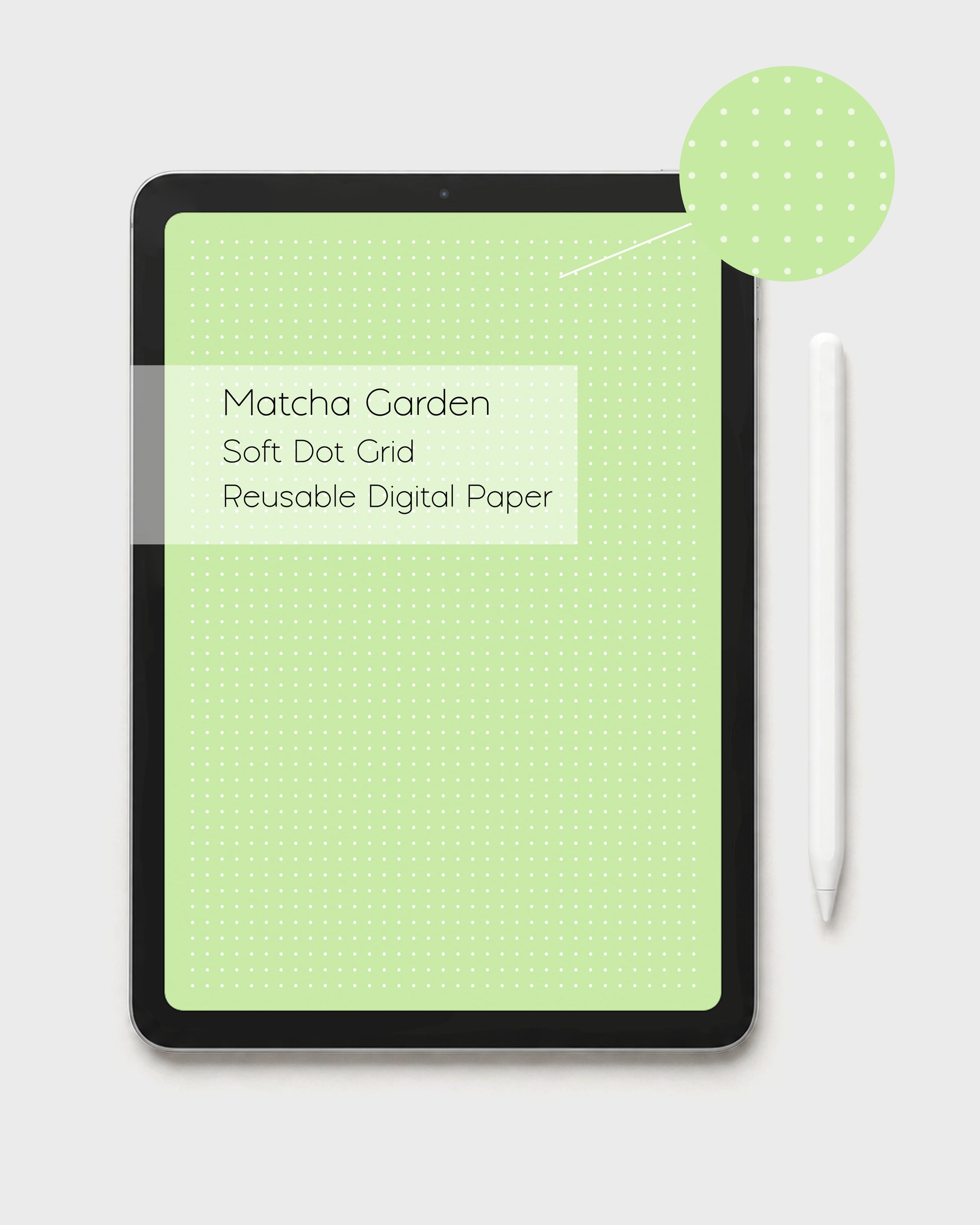 Ateu Studio iPad displaying a reusable kawaii deeper green digital dot grid paper in a standard white dot style. A label reads 'Matcha Garden Dot Grid Reusable Digital Paper'. A circular zoom in shows the standard dot color depth in detail. There's a white Apple pencil to the right on a light gray background.