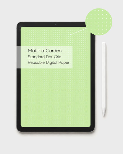 Ateu Studio 'Matcha Garden' a kawaii deeper green digital paper displayed on an iPad with Apple Pencil, showing the standard white dot grid layout canvas for aesthetic bullet journaling and iPad planning apps.