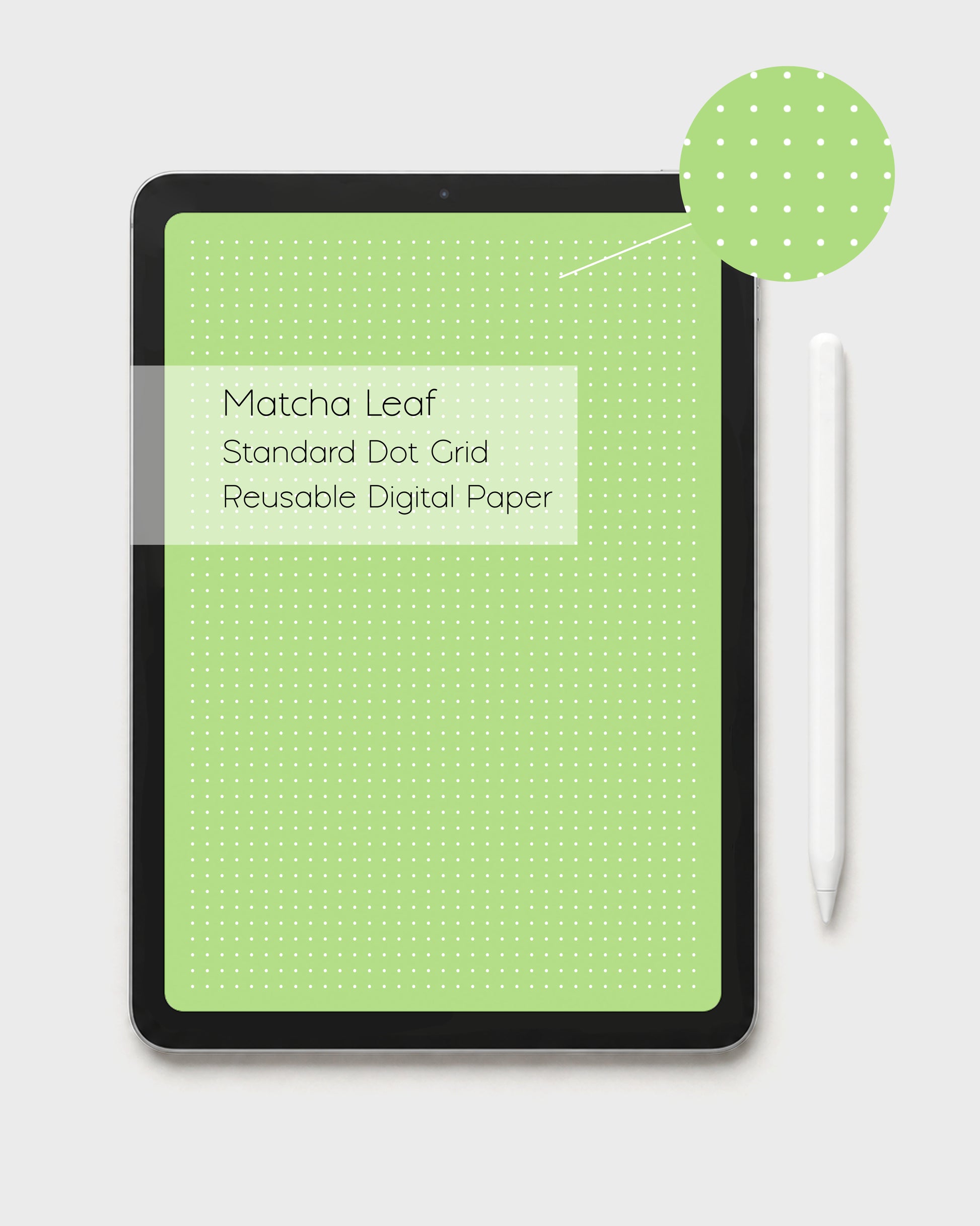 Ateu Studio tablet displaying a reusable kawaii mid green digital dot grid paper in a standard white dot style. A label reads 'Matcha Leaf Standard Dot Grid Reusable Digital Paper'. A circular zoom in shows the standard dot color depth in detail. There's a white stylus pencil to the right on a light gray background