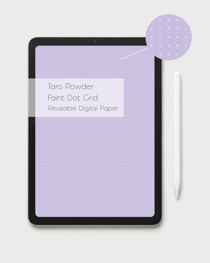 A tablet displaying a kawaii taro purple digital white dot grid paper and the text 'Taro Powder Faint Dot Grid Reusable Digital Paper.' A matching circular swatch highlights the white dot depth and there's also a white stylus beside the tablet which is on a light gray background.