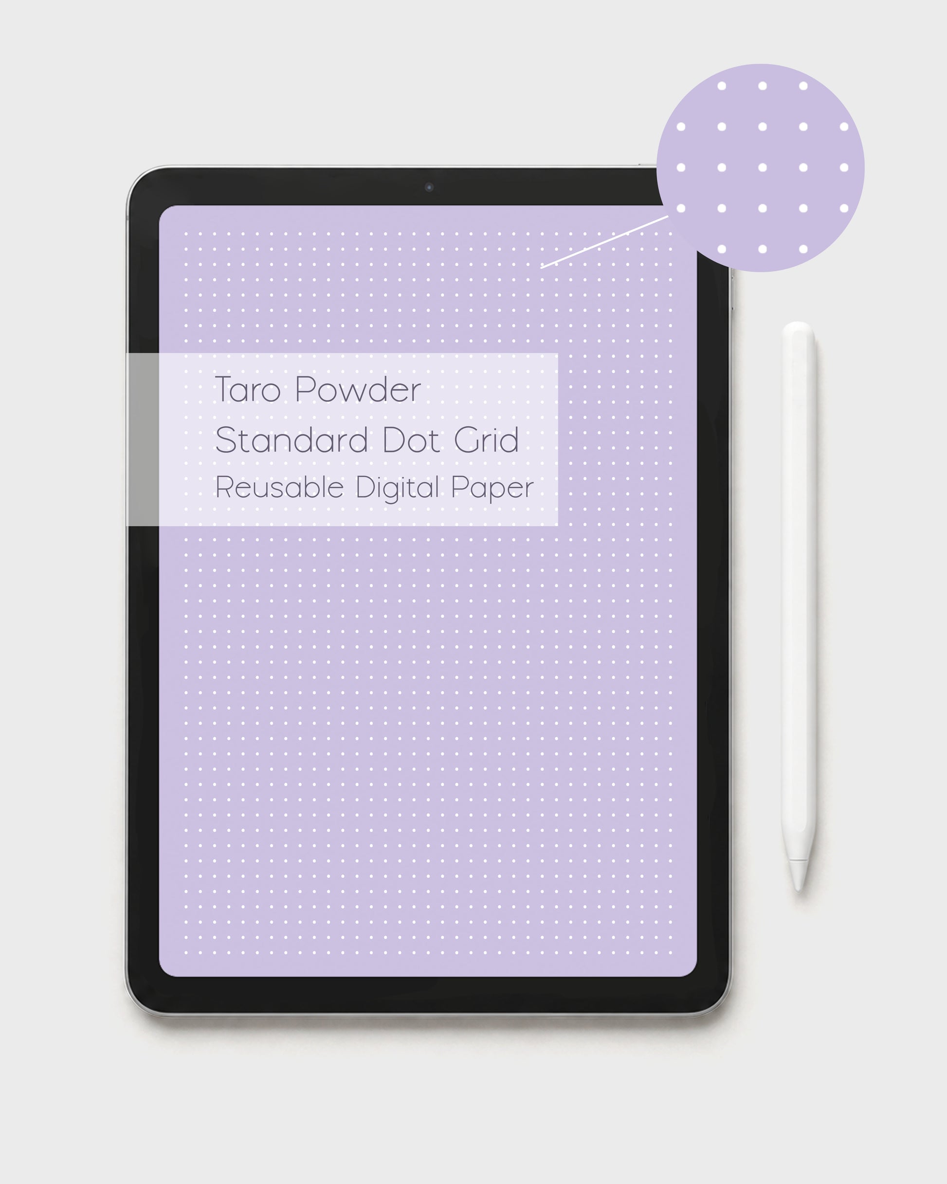 A tablet displaying a kawaii purple digital white dot grid paper and text reading 'Taro Powder Standard Dot Grid Reusable Digital Paper.' A matching circular swatch showing the exact dot depth and a white stylus are shown beside the tablet on a light gray background.