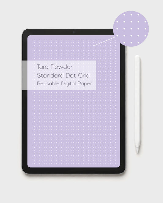 A tablet displaying a kawaii purple digital white dot grid paper and text reading 'Taro Powder Standard Dot Grid Reusable Digital Paper.' A matching circular swatch showing the exact dot depth and a white stylus are shown beside the tablet on a light gray background.