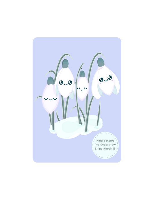Kawaii Sleepy Snowdrop Kindle Paperwhite Insert in 'Dawn' Lavender Blue. Featuring kawaii snowdrop flowers on a lavender Blue background illustrated by Ateu Studio