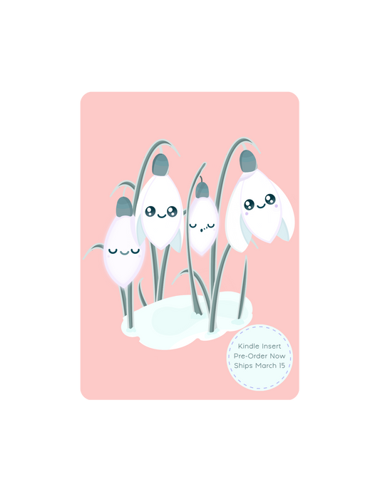 Kawaii Sleepy Snowdrop Kindle Paperwhite Insert in 'Icy Venusian' Pink. Featuring kawaii snowdrop flowers on an ice pink background inspire by the 'Belt of Venus' illustrated by Ateu Studio