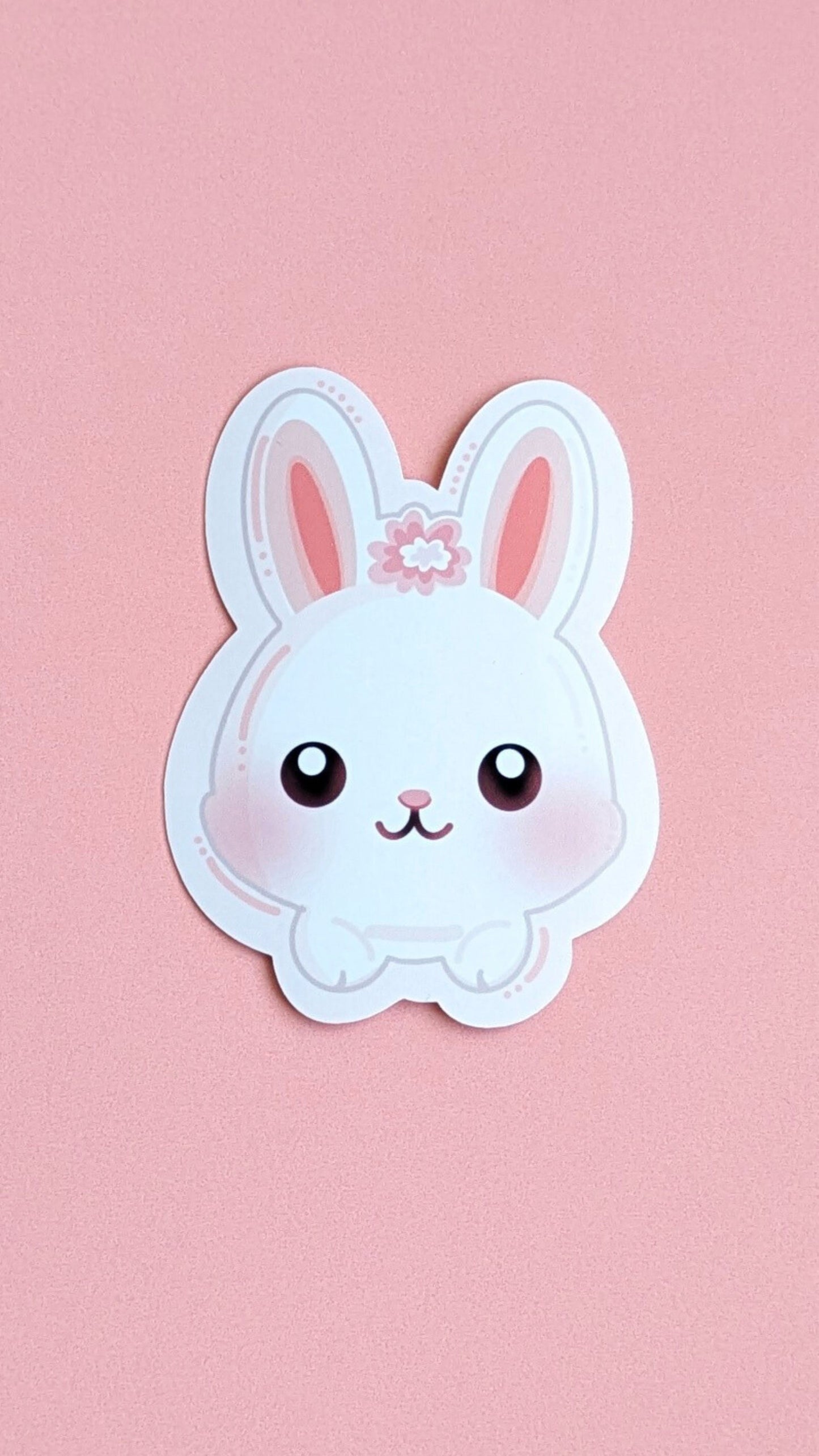 A straight-on, high-resolution view of the Marshmallow Blush Bunny sticker in Snowball White by Ateu Studio. This clean product shot highlights the crisp white base, pink character accents, and signature kawaii 'cutie mark' details, perfect for color-obsessed stationery collectors.