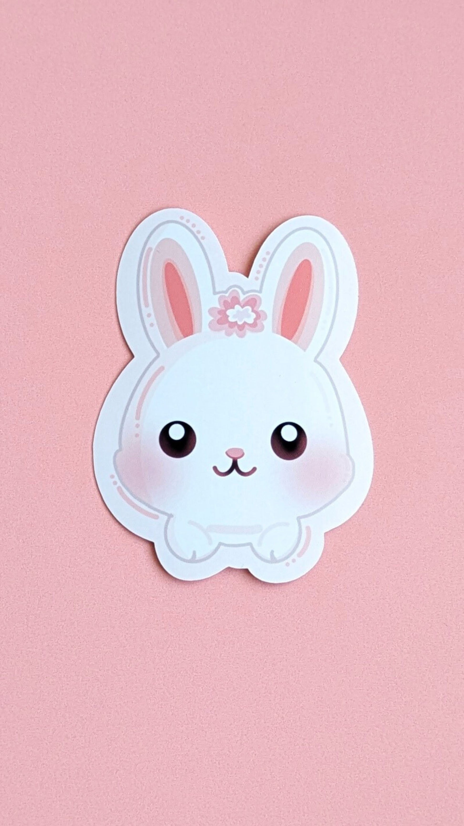 A straight-on, high-resolution view of the Marshmallow Blush Bunny sticker in Snowball White by Ateu Studio. This clean product shot highlights the crisp white base, pink character accents, and signature kawaii 'cutie mark' details, perfect for color-obsessed stationery collectors.