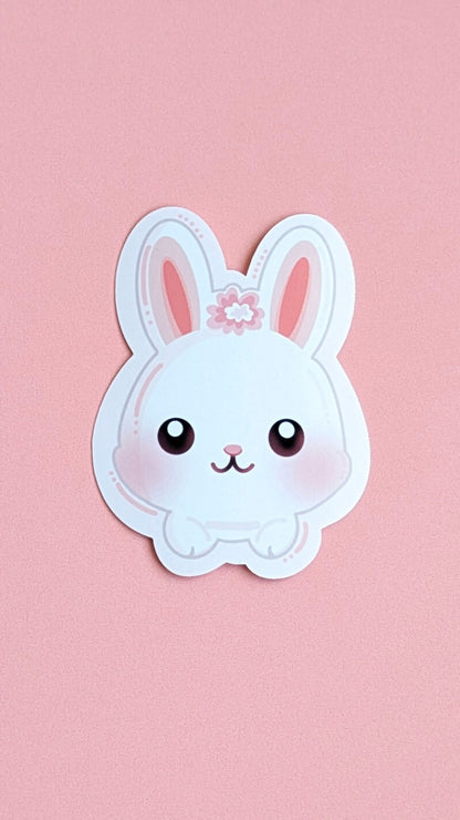 A straight-on, high-resolution view of the Marshmallow Blush Bunny sticker in Snowball White by Ateu Studio. This clean product shot highlights the crisp white base, pink character accents, and signature kawaii 'cutie mark' details, perfect for color-obsessed stationery collectors.