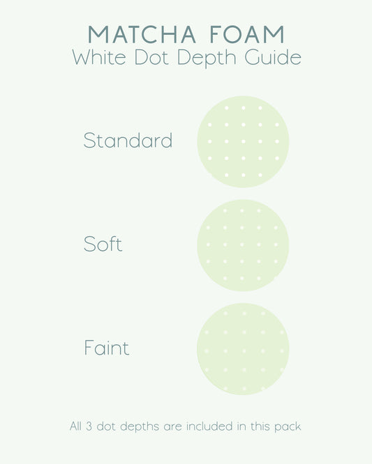A 'Matcha Foam' white dot depth guide showing three circular dot patterns labeled standard, soft, and faint, with a note at the bottom stating all three digital dot grid paper depths are included in this pack by Ateu Studio.
