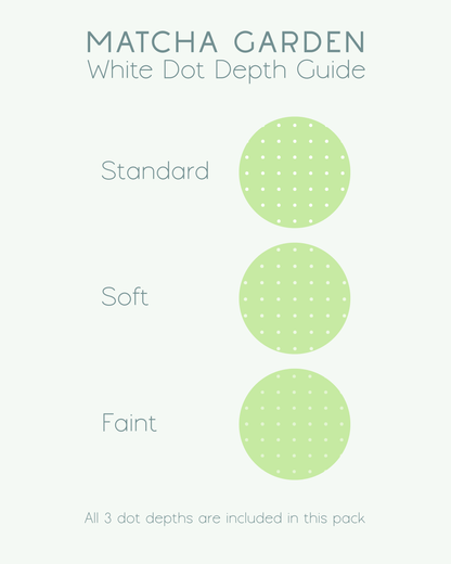 A 'Matcha Garden' white dot depth guide showing three circular dot patterns labeled standard, soft, and faint, with a note at the bottom stating all three digital dot grid paper depths are included in this pack by Ateu Studio.
