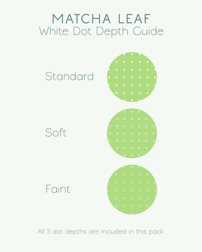 A 'Matcha Leaf' white dot depth guide showing three circular dot patterns labeled Standard, Soft, and Faint, with a note at the bottom stating all three digital dot grid paper depths are included in this pack by Ateu Studio.