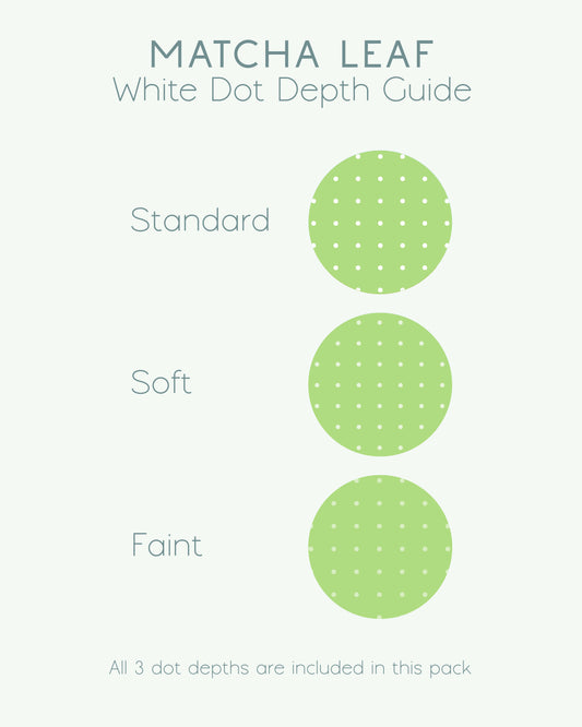 A 'Matcha Leaf' white dot depth guide showing three circular dot patterns labeled Standard, Soft, and Faint, with a note at the bottom stating all three digital dot grid paper depths are included in this pack by Ateu Studio.