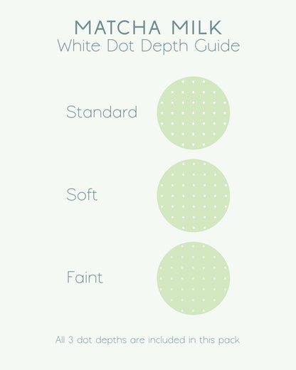 A 'Matcha Milk' white dot depth guide showing three circular dot patterns labeled standard, soft, and faint, with a note at the bottom stating all three digital dot grid paper depths are included in this pack by Ateu Studio.
