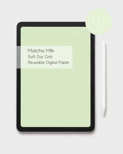 'Matcha Milk' a pastel kawaii green digital paper displayed on an iPad with Apple Pencil, showing the soft, mid tone white dot grid layout canvas from the Matcha Collection. 