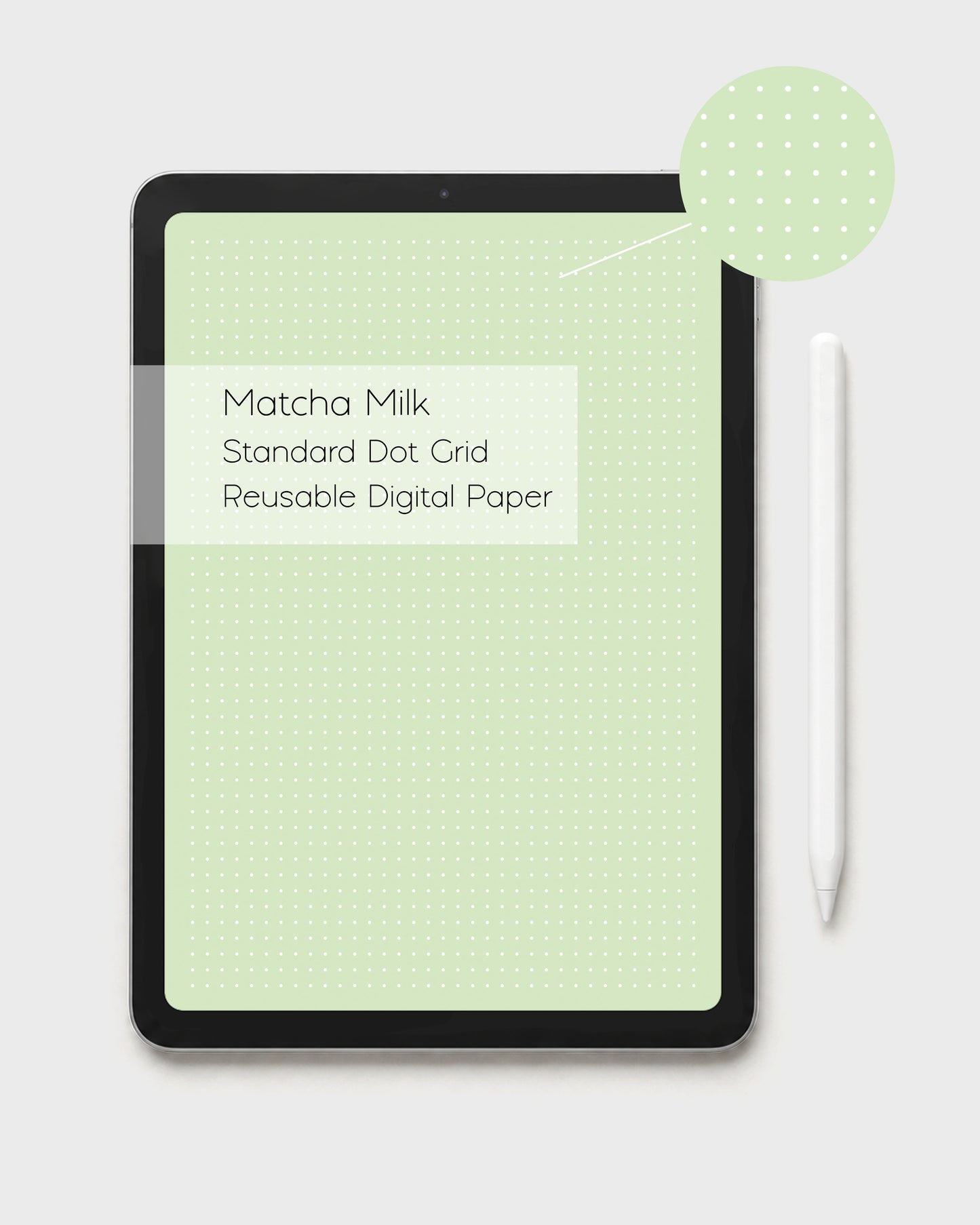 Ateu Studio iPad displaying a reusable kawaii pastel green digital dot grid paper in a standard white dot style. A label reads 'Matcha Milk Dot Grid Reusable Digital Paper'. A circular zoom in shows the standard dot color depth in detail. There's a white Apple pencil to the right on a light gray background.