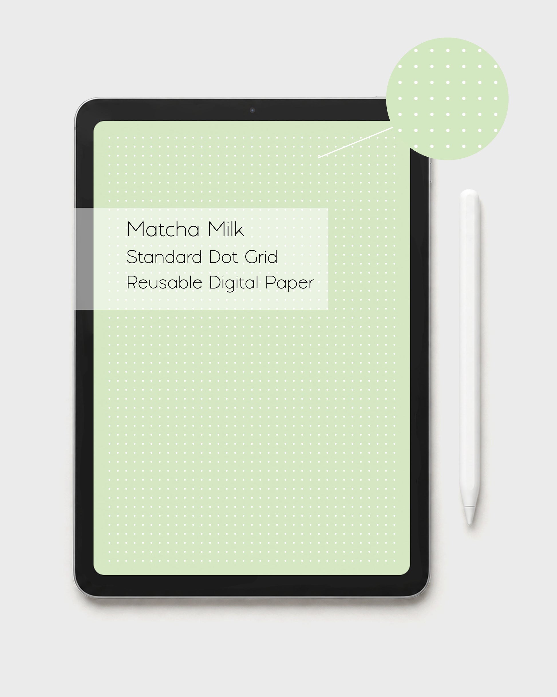 Ateu Studio iPad displaying a reusable kawaii pastel green digital dot grid paper in a standard white dot style. A label reads 'Matcha Milk Dot Grid Reusable Digital Paper'. A circular zoom in shows the standard dot color depth in detail. There's a white Apple pencil to the right on a light gray background.