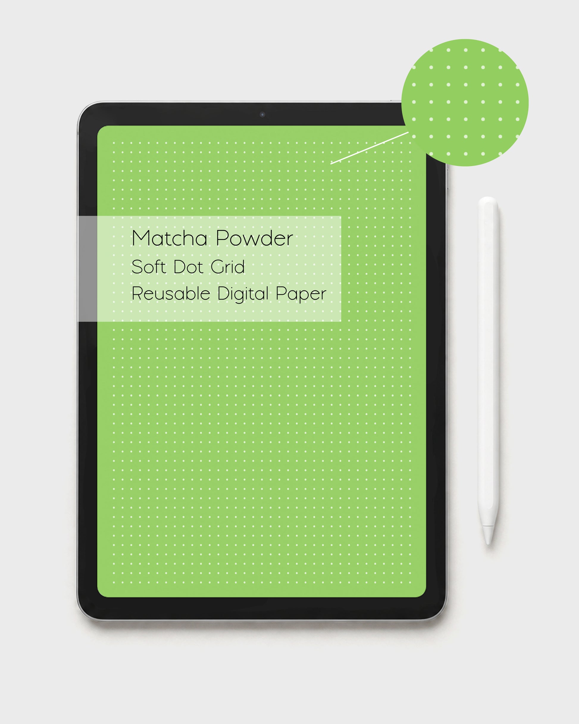 Matcha Powder a deeper kawaii green digital dot grid paper displayed on an iPad with Apple Pencil, showing the soft, mid tone reusable white dot grid layout canvas from the Matcha Collection.