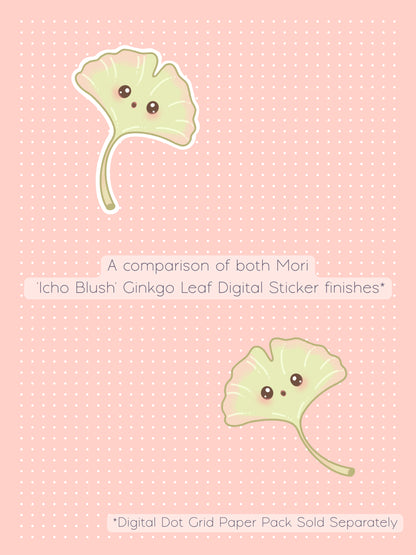 A comparison graphic showing two cute kawaii-style ginkgo leaf digital stickers, one with a white border and one without, on a pale Icho blush colored digital dot grid background. The text reads 'A comparison of both Mori Icho Blush Ginkgo Leaf Sticker finishes' and '*Digital Dot Grid Paper Pack Sold Separately'.