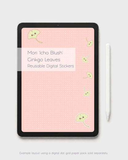 A tablet or Ipad mockup displaying a warm kawaii pink digital dot grid paper with several Mori 'Icho Blush' ginkgo leaf kawaii digital stickers in various sizes and angles and a title 'Mori 'Icho Blush' Ginkgo Leaves Reusable Digital Stickers,'. A white stylus is to the right, and small text at the bottom notes the digital grid paper pack is sold separately.