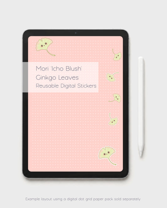 A tablet or Ipad mockup displaying a warm kawaii pink digital dot grid paper with several Mori 'Icho Blush' ginkgo leaf kawaii digital stickers in various sizes and angles and a title 'Mori 'Icho Blush' Ginkgo Leaves Reusable Digital Stickers,'. A white stylus is to the right, and small text at the bottom notes the digital grid paper pack is sold separately.