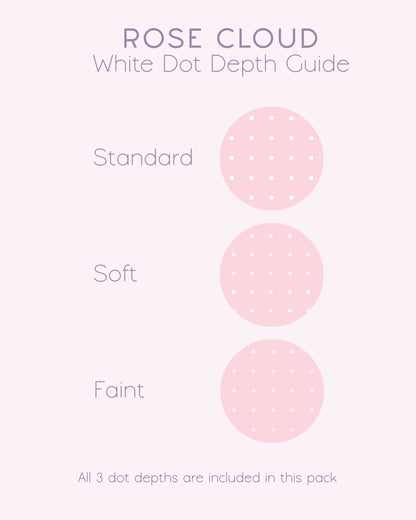 A 'Rose Cloud' white dot depth graphic guide showing three circular dot patterns labeled standard, soft, and faint, with a note at the bottom stating all three digital dot grid paper depths are included in this pack by Ateu Studio.
