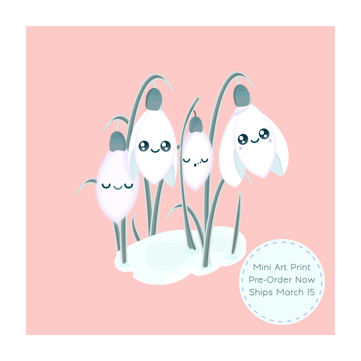 Sleepy Snowdrop mini art print in Icy Venusian pastel pink featuring cute snowdrop flowers illustrated by Ateu Studio