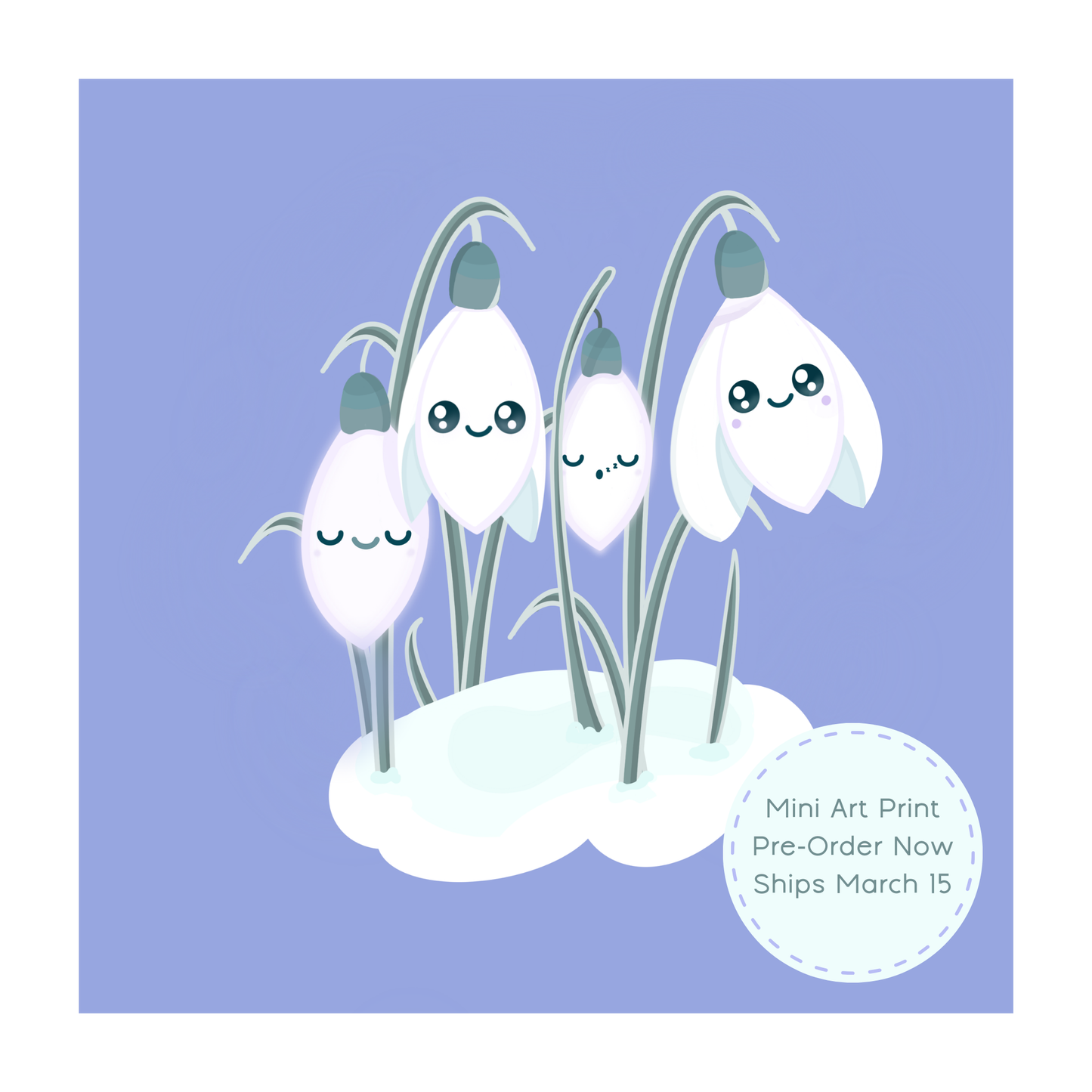 Sleepy Snowdrop mini art print in Midnight Mist lavender blue featuring kawaii snowdrop flowers illustrated by Ateu Studio