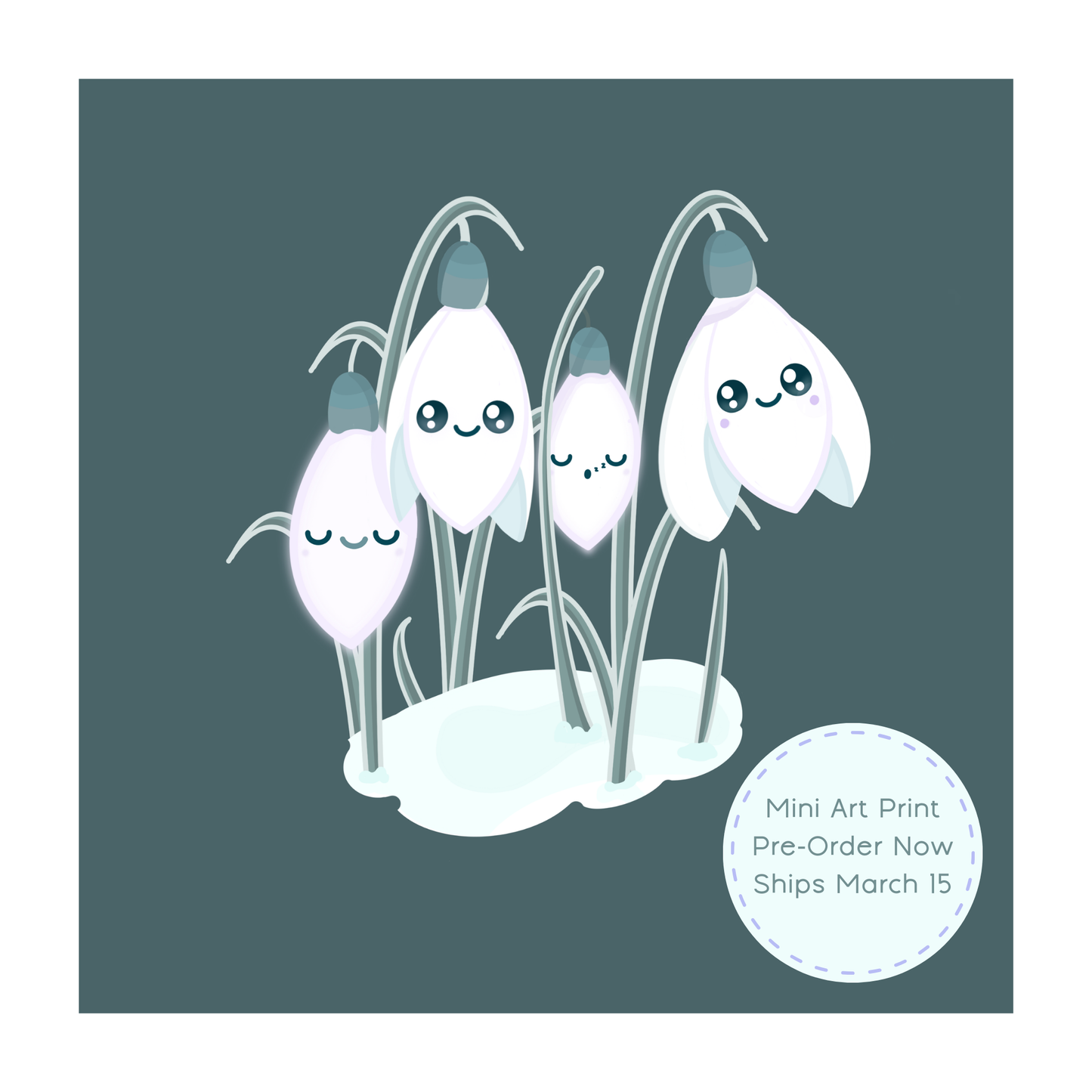 Sleepy Snowdrop mini art print in Winter's Edge teal featuring illustrated snowdrop flowers by Ateu Studio