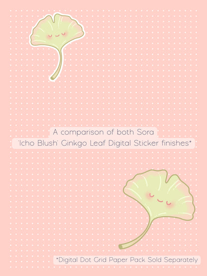 A comparison graphic showing two cute kawaii-style ginkgo leaf digital stickers called Sora. One with a white border and one without, on a pale Icho blush colored digital dot grid background. The text reads 'A comparison of both Sora Icho Blush Ginkgo Leaf Sticker finishes' and '*Digital Dot Grid Paper Pack Sold Separately'.
