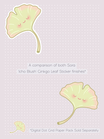 A comparison graphic showing two cute kawaii-style ginkgo leaf digital stickers called Sora. One with a white border and one without, on a pale sakura nezu digital dot grid background. The text reads 'A comparison of both Sora 'Icho Blush' Ginkgo Leaf Sticker finishes' and '*Digital Dot Grid Paper Pack Sold Separately'.
