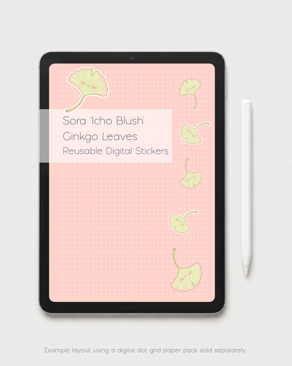A tablet or Ipad mockup displaying a warm kawaii pink digital dot grid paper with several Sora 'Icho Blush' ginkgo leaf kawaii digital stickers in various sizes and angles and a title 'Sora 'Icho Blush' Ginkgo Leaves Reusable Digital Stickers,'. A white stylus is to the right, and small text at the bottom notes the digital grid paper pack is sold separately.