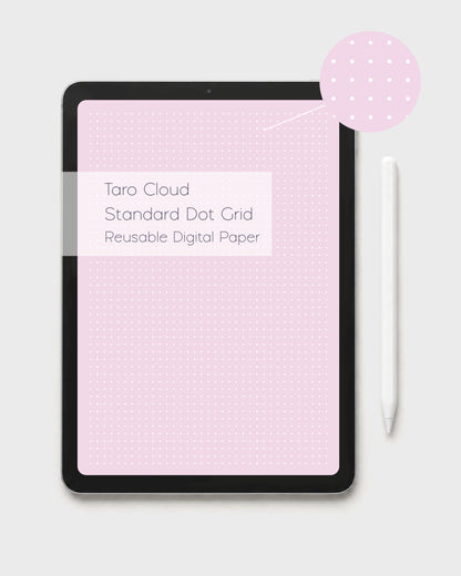 A tablet displaying a reusable Yume taro-pink digital dot grid paper with standard white dots. The graphic across the tablet reads 'Taro Cloud Standard Dot Grid Reusable Digital Paper,'. Shown with a white stylus to the right and on a light gray background. There is also a circle with a zoom in of the dot grid paper so that you can see the depth of the white dots. 
