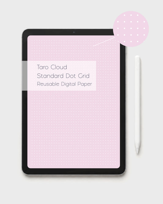 A tablet displaying a reusable Yume taro-pink digital dot grid paper with standard white dots. The graphic across the tablet reads 'Taro Cloud Standard Dot Grid Reusable Digital Paper,'. Shown with a white stylus to the right and on a light gray background. There is also a circle with a zoom in of the dot grid paper so that you can see the depth of the white dots. 