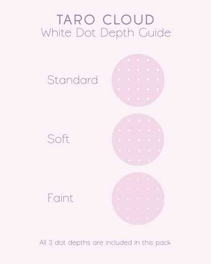 A product information graphic titled 'TARO Cloud White Dot Depth Guide' on a pale pink background, showing three circular dot depth examples labeled Standard, Soft, and Faint. It also states 'All 3 dot depths are included in this pack'.